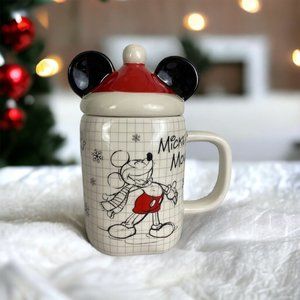 Disney Mickey Mouse Christmas Coffee Mug With Red Santa Hat Lid Scarf Sketch